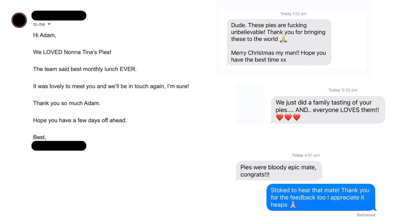 Customer message about Nonna Tina's pies