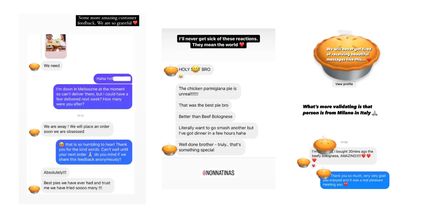 Customer message about Nonna Tina's pies