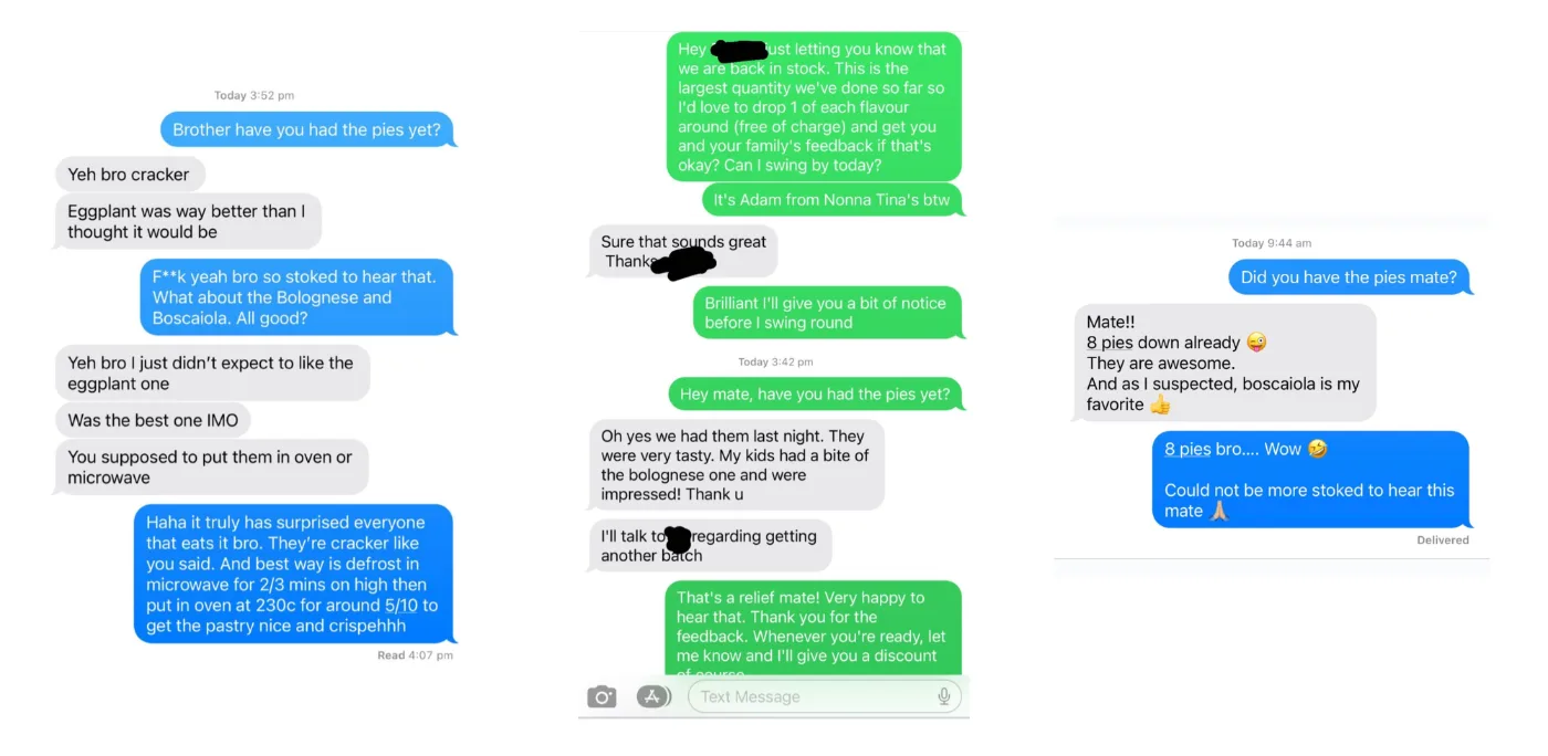 Customer message about Nonna Tina's pies