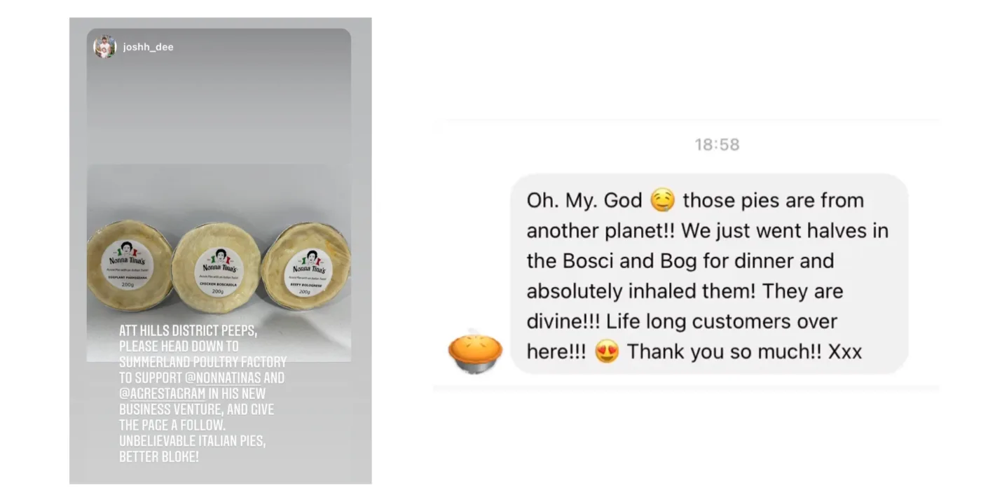 Customer message about Nonna Tina's pies