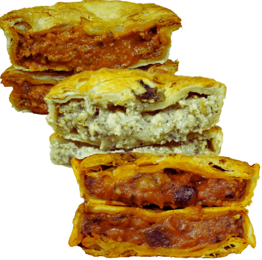 Three Nonna Tina's pies cut in half